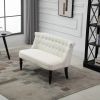 Scandinavian 2 Seater Button Tufted Loveseat Wooden Legs Cream White Linen