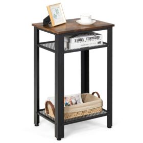 3-Tier Industrial End Table with Metal Mesh Storage Shelves - Rustic brown