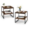 2 Pieces 2-Tier 20 Inch Square End Side Table for Living Room Bedroom - Rustic Brown