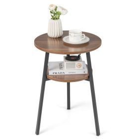 2-Tier Round End Table with Open Shelf and Triangular Metal Frame - Walnut