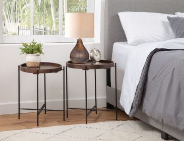 Set of 2 Modern Round Wood Brown Side Tables with Metal Legs - Contemporary Accent Furniture for Living Room, Bedroom