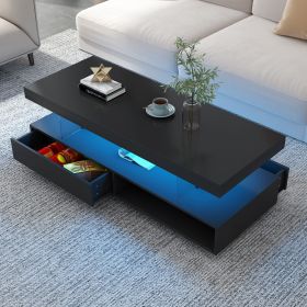 U-Can LED Coffee Table with Storage, Modern Center Table with 2 Drawers and Display Shelves, Accent Furniture with LED Lights for Living Room,Black