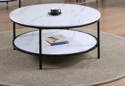 1pc Modern Round Faux Marble Coffee Table with Storage Shelf Black Finish Living Room Wooden Furniture