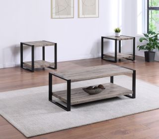 3pc Contemporary Cocktail Set 1x Rectangular Coffee Table and 2x Square End Table Rustic Brown Black Finish Living Room Wooden Furniture