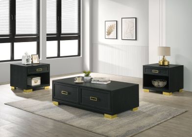 3pc Contemporary Coffee Table Storage Drawers Open Shelf Space Black Gold Finish Metal Pull Knob Living Room Wooden Modern Furniture