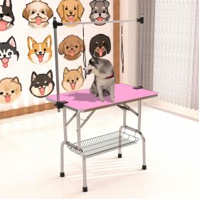 42" Folding Dog Pet Grooming Table Stainless Steel Frame Rubber Mat on Board with Adjustable Arm and Clamps pet dog Cat Grooming Table (PINK COLOR)