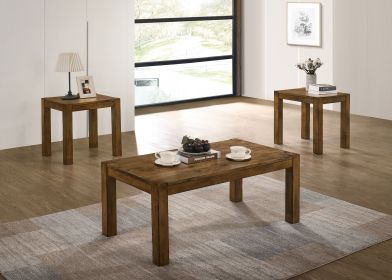 Rustic Oak Rubberwood 3pc Coffee Tables Set Bold Design 1x Coffee Table and 2x End Tables Living Room Furniture