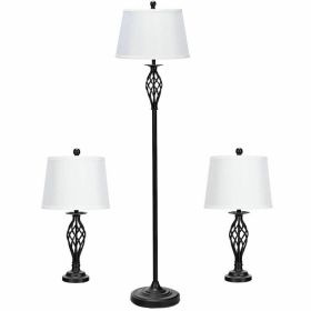 2 Table Lamps 1 Floor Lamp Set with Fabric Shades - Black & White