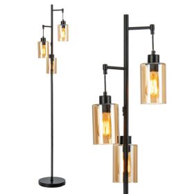 Retro Floor Lamp with 3-Head Hanging Amber Glass Shade - Black