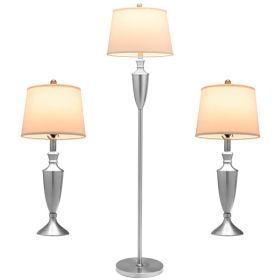 3 Piece Lamp with Set Modern Floor Lamp and 2 Table Lamps - Silver