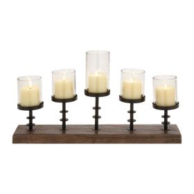 DecMode 5 Holder Brown Mango Wood Handmade Pillar Candelabra with Wood Base - DecMode