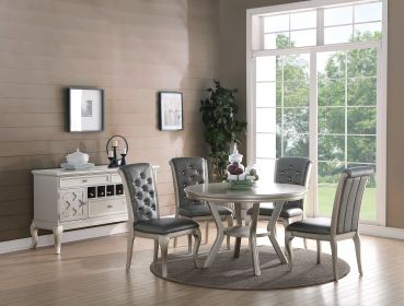 Formal Traditional Dining Table Round Table Silver Hue 5pc Dining Table w Shelf 4x Side Chairs Tufted Back Dining Room Furniture