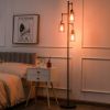 Retro Floor Lamp with 3-Head Hanging Amber Glass Shade - Black