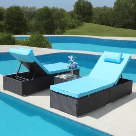 3-Piece Outdoor Patio Furniture Set Chaise Lounge, Patio Reclining Rattan Lounge Chair Chaise Couch Cushioned with Glass Coffee Table