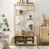 Rattan bookshelf 5 tiers Bookcases Storage Rack with cabinet for Living Room Home Office - Natural