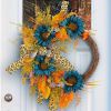 Thanksgiving Blue Sunflower Wreath Patio Leopard Ribbon Deadwood Door Hanging Decoration Simulated Flower Rattan Wreath Wall Hanging - K2-36