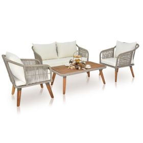 4 Piece Patio Furniture Set, Outdoor Acacia Wood Conversation Set, All-Weather Rope Sofa Set with Coffee Table, Loveseat