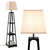 Trapezoidal Designed Floor Lamp with 3 Tiered Storage Shelf - Brown