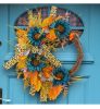 Thanksgiving Blue Sunflower Wreath Patio Leopard Ribbon Deadwood Door Hanging Decoration Simulated Flower Rattan Wreath Wall Hanging - K2-36