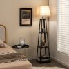 Trapezoidal Designed Floor Lamp with 3 Tiered Storage Shelf - Brown