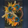 Thanksgiving Blue Sunflower Wreath Patio Leopard Ribbon Deadwood Door Hanging Decoration Simulated Flower Rattan Wreath Wall Hanging - K2-36