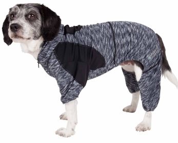 Pet Life Active 'Downward Dog' Heathered Performance 4-Way Stretch Two-Toned Full Body Warm Up Hoodie (Color: Black, size: X-Large)