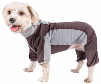 Pet Life Active 'Warm-Pup' Heathered Performance 4-Way Stretch Two-Toned Full Body Warm Up (Color: Brown, size: large)