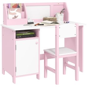 Qaba Toddler Desk and Chair Set, Kids Writing Desk Study Table for Children with Whiteboard, Storage Cabinet, Child Furniture, Art Gifts for Kids (Color: as Pic)