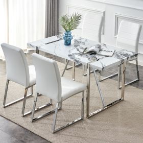 Modern Dining Table, 55 inch Faux Marble Kitchen Table for 4 People, Rectangular Dinner Table for Dining Room, Home Office, Living Room Furniture (Color: White, Material: Wood + Stainless Steel)